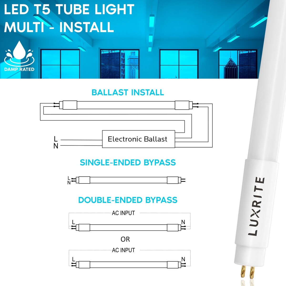 Luxrite 4FT T5 LED Tube Lights, 24W=54W, 45.78", Ballast and Ballast Bypass Compatible, Damp Rated 4 Pack - N/A