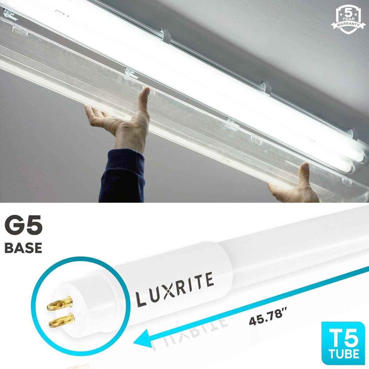Luxrite 4FT T5 LED Tube Lights, 24W=54W, 45.78", Ballast and Ballast Bypass Compatible, Damp Rated 4 Pack - N/A
