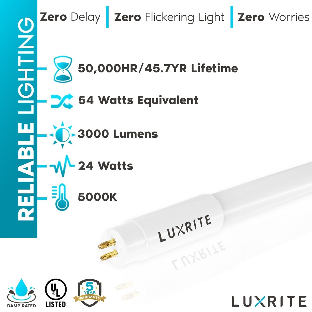 Luxrite 4FT T5 LED Tube Lights, 24W=54W, 45.78", Ballast and Ballast Bypass Compatible, Damp Rated 4 Pack - N/A