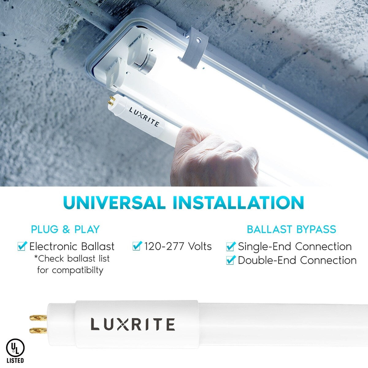 Luxrite 4FT T5 LED Tube Lights, 24W=54W, 45.78", Ballast and Ballast Bypass Compatible, Damp Rated 4 Pack - N/A