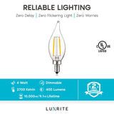 Luxrite 4W Vintage Candelabra LED Bulbs Dimmable, 400 Lumens, 40W Equivalent, Flame Tip Clear Glass, E12 Base (12 Pack)