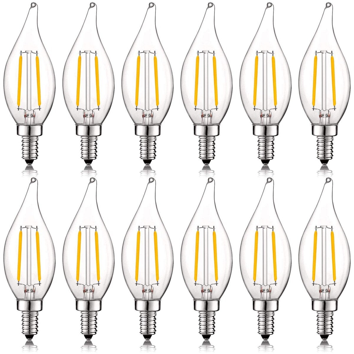 Luxrite 4W Vintage Candelabra LED Bulbs Dimmable, 400 Lumens, 40W Equivalent, Flame Tip Clear Glass, E12 Base (12 Pack)
