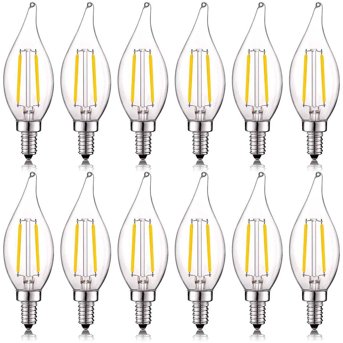 Luxrite 4W Vintage Candelabra LED Bulbs Dimmable, 400 Lumens, 40W Equivalent, Flame Tip Clear Glass, E12 Base (12 Pack)