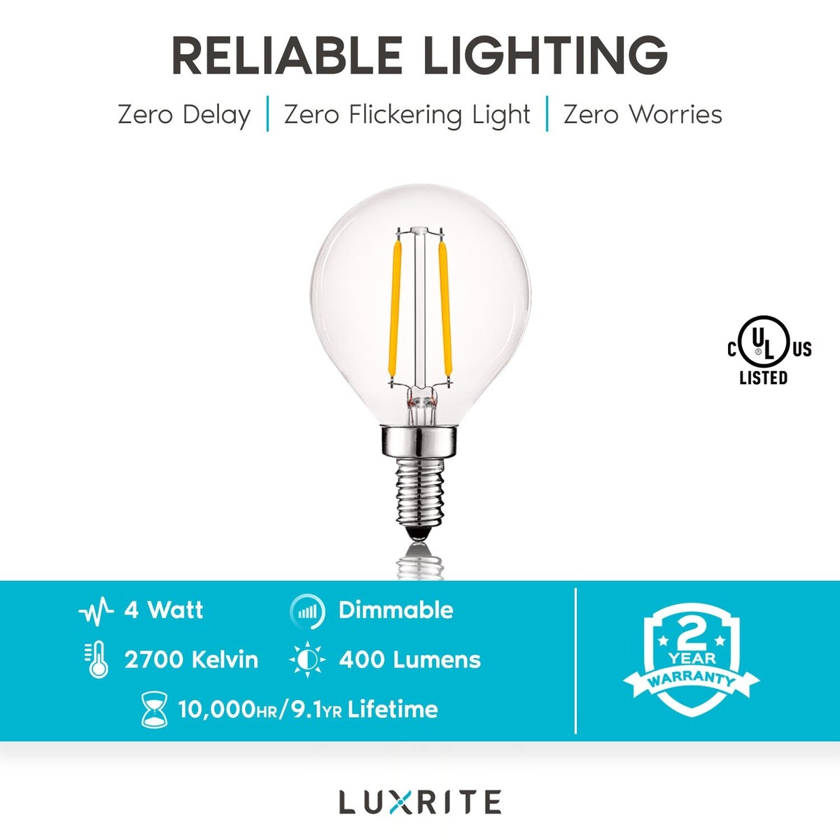 Luxrite 4W Vintage G16.5 LED Globe Bulbs Dimmable, 2700K Warm White, 400 Lumens, E12 LED Bulb 40W Equivalent, 12 Pack