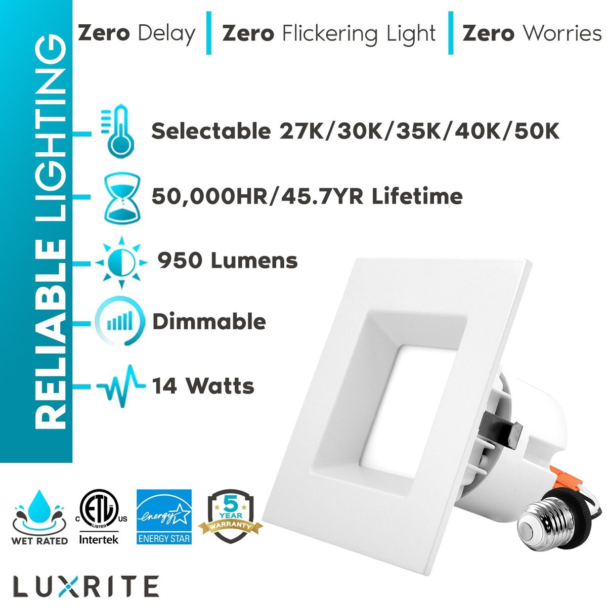 Luxrite 4" Square LED Recessed Can Light 14W=75W 5 Color Option 950 Lumens Dimmable Wet Rated ETL Listed 6 Pack