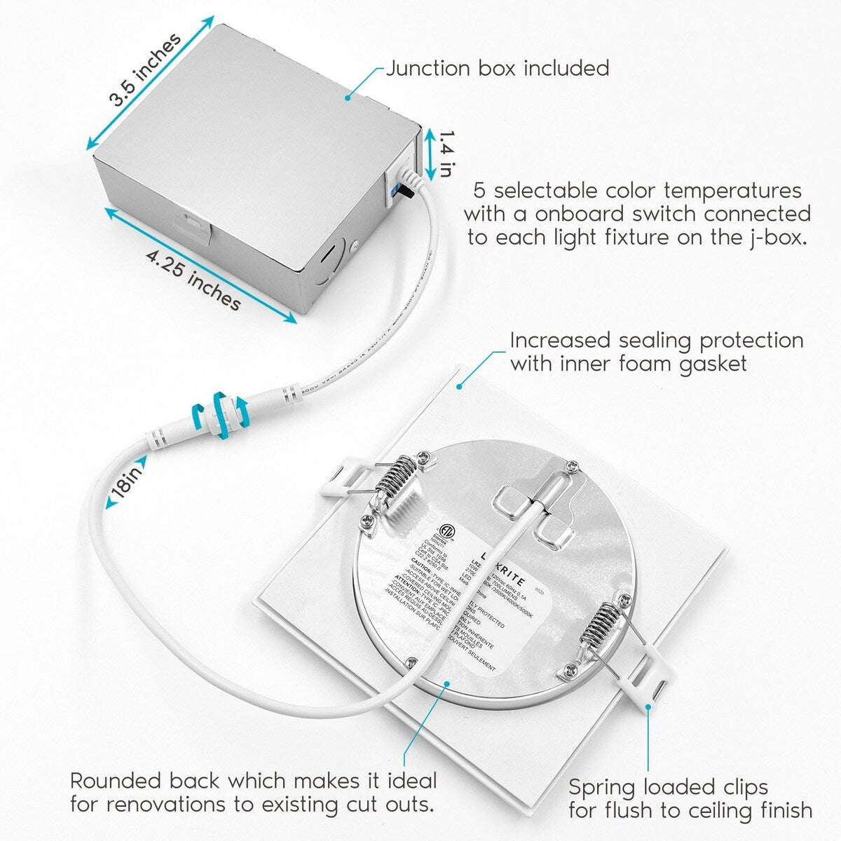 Luxrite 4" Square LED Recessed Lighting, Color Temperature Selectable 2700K - 5000K, Dimmable, ETL Listed, 16-Pack