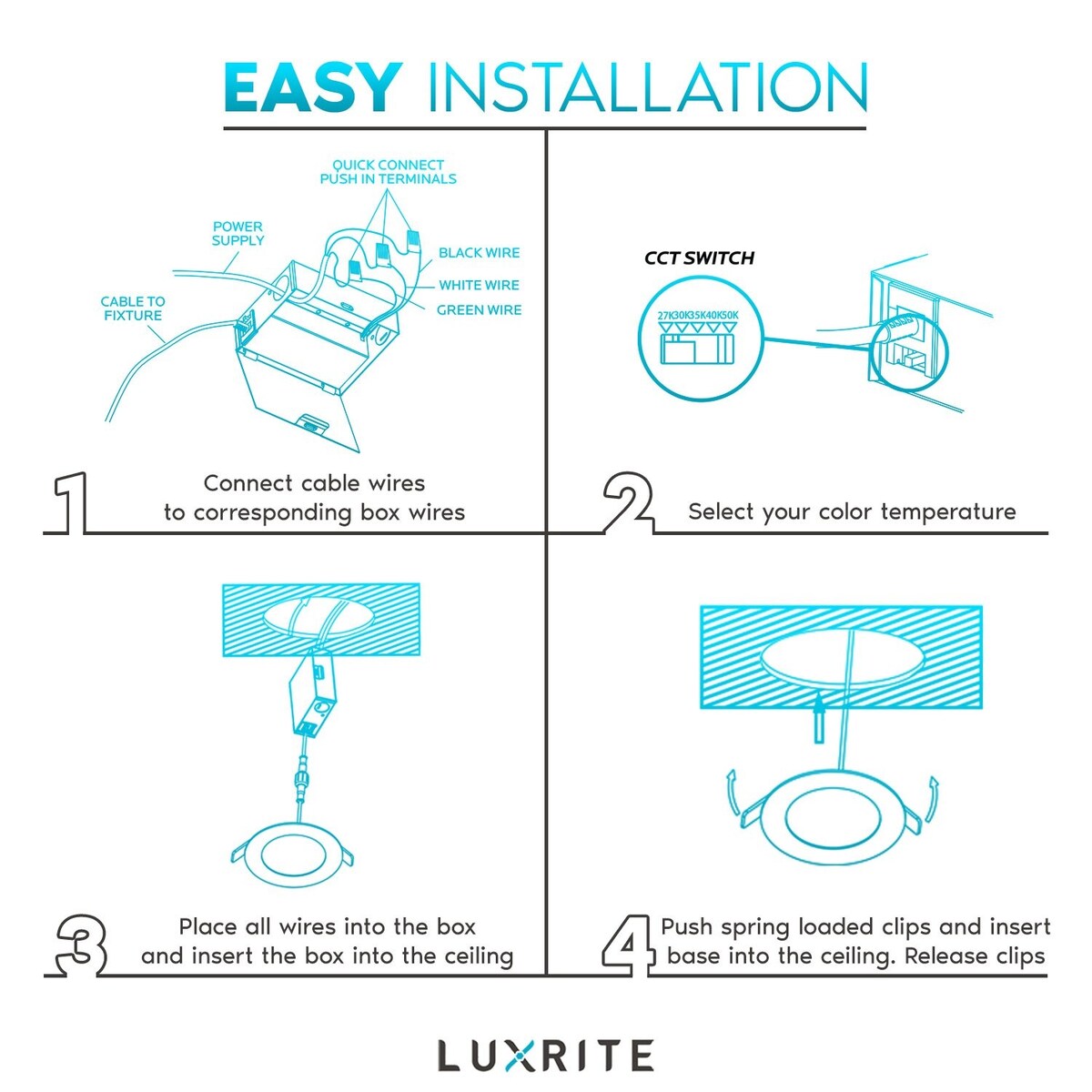 Luxrite 4" Ultra Thin LED Recessed Light with J-Box, 12W, 5 Color Selectable, 950 Lumens, Dimmable, Wet Rated 6 Pack