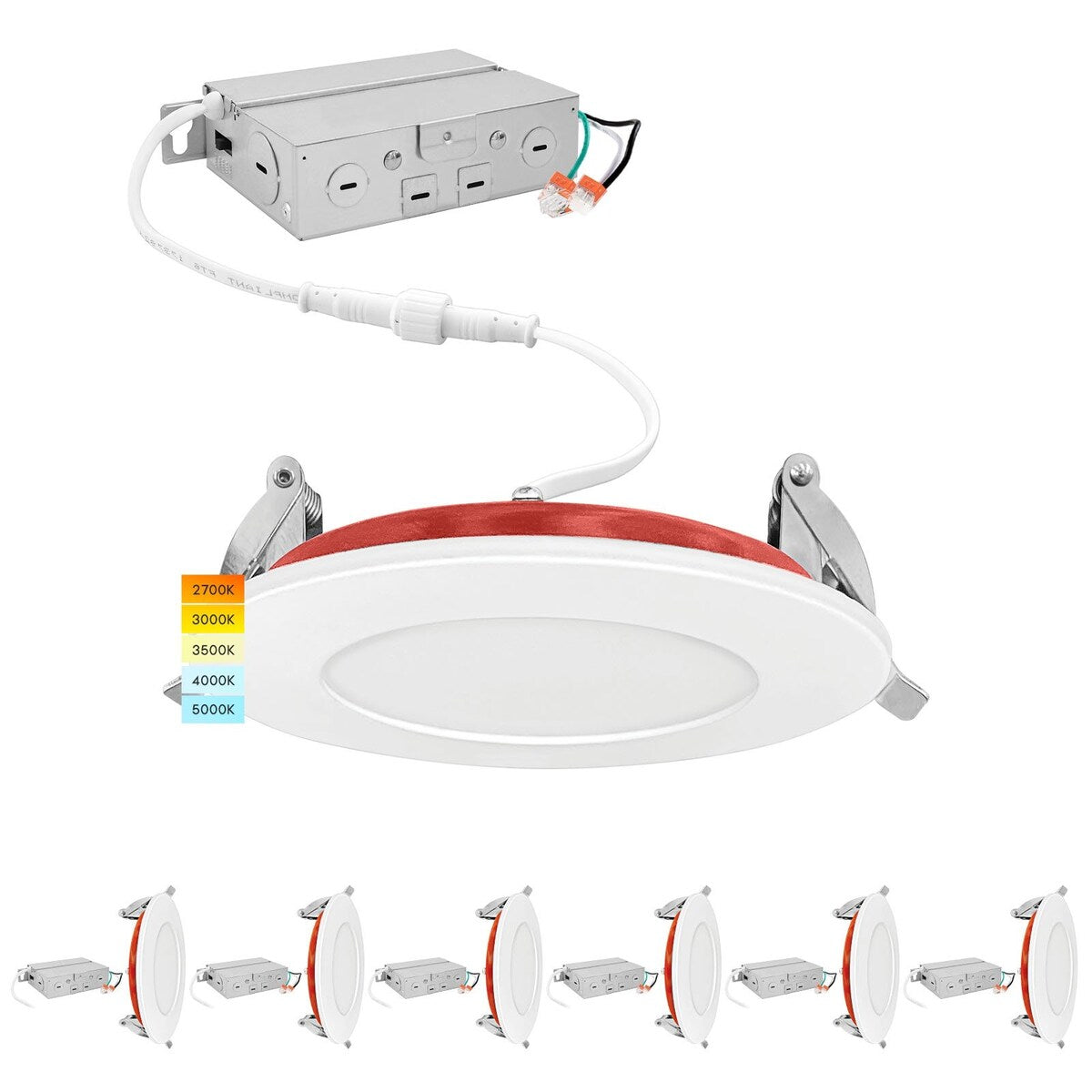 Luxrite 6-Pack 3 Inch Ultra Thin LED Fire Rated Recessed Lights, 5CCT, 500 Lumens, Dimmable, IC Rated, Wet Rated, ETL
