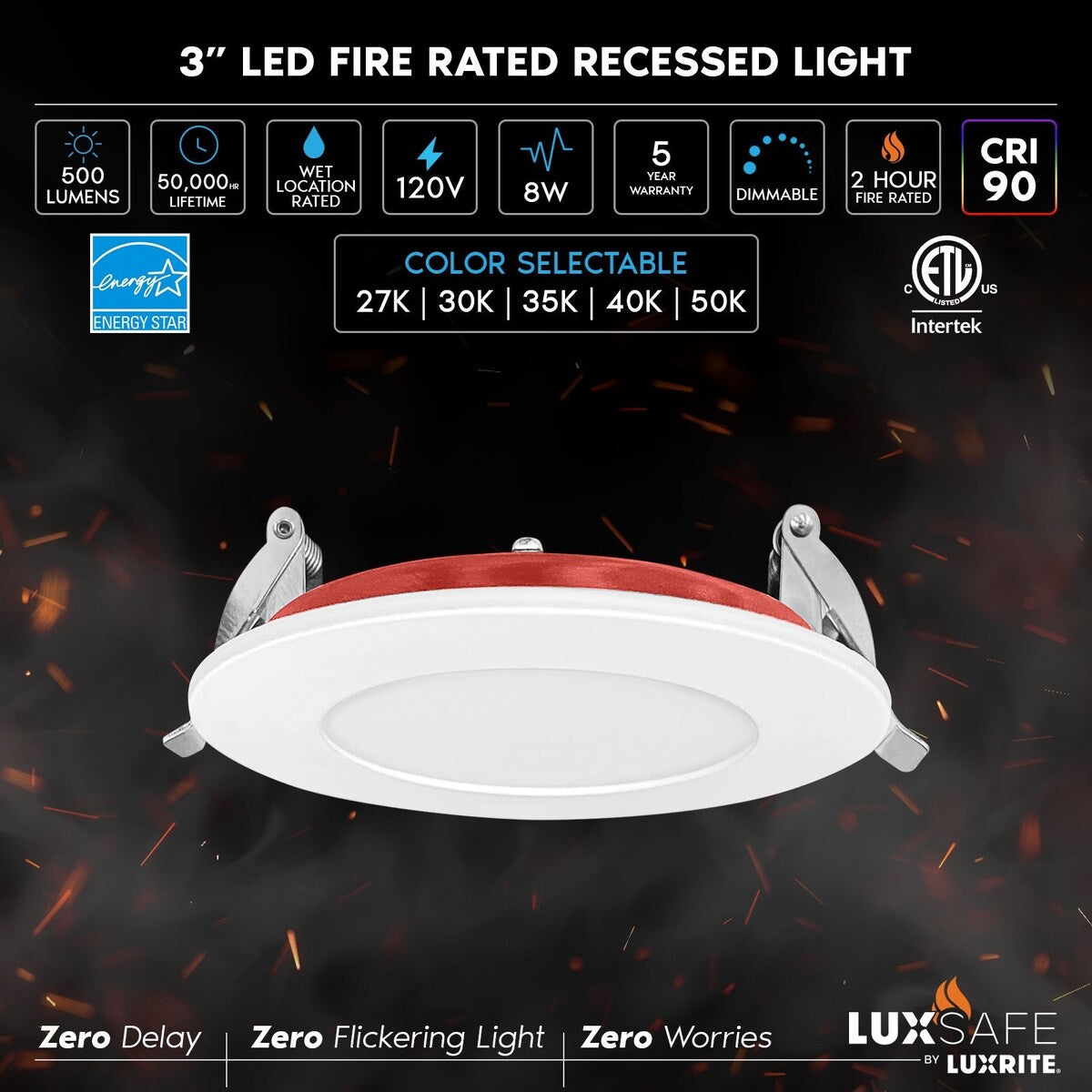 Luxrite 6-Pack 3 Inch Ultra Thin LED Fire Rated Recessed Lights, 5CCT, 500 Lumens, Dimmable, IC Rated, Wet Rated, ETL