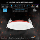 Luxrite 6-Pack 3 Inch Ultra Thin LED Fire Rated Recessed Lights, 5CCT, 500 Lumens, Dimmable, IC Rated, Wet Rated, ETL