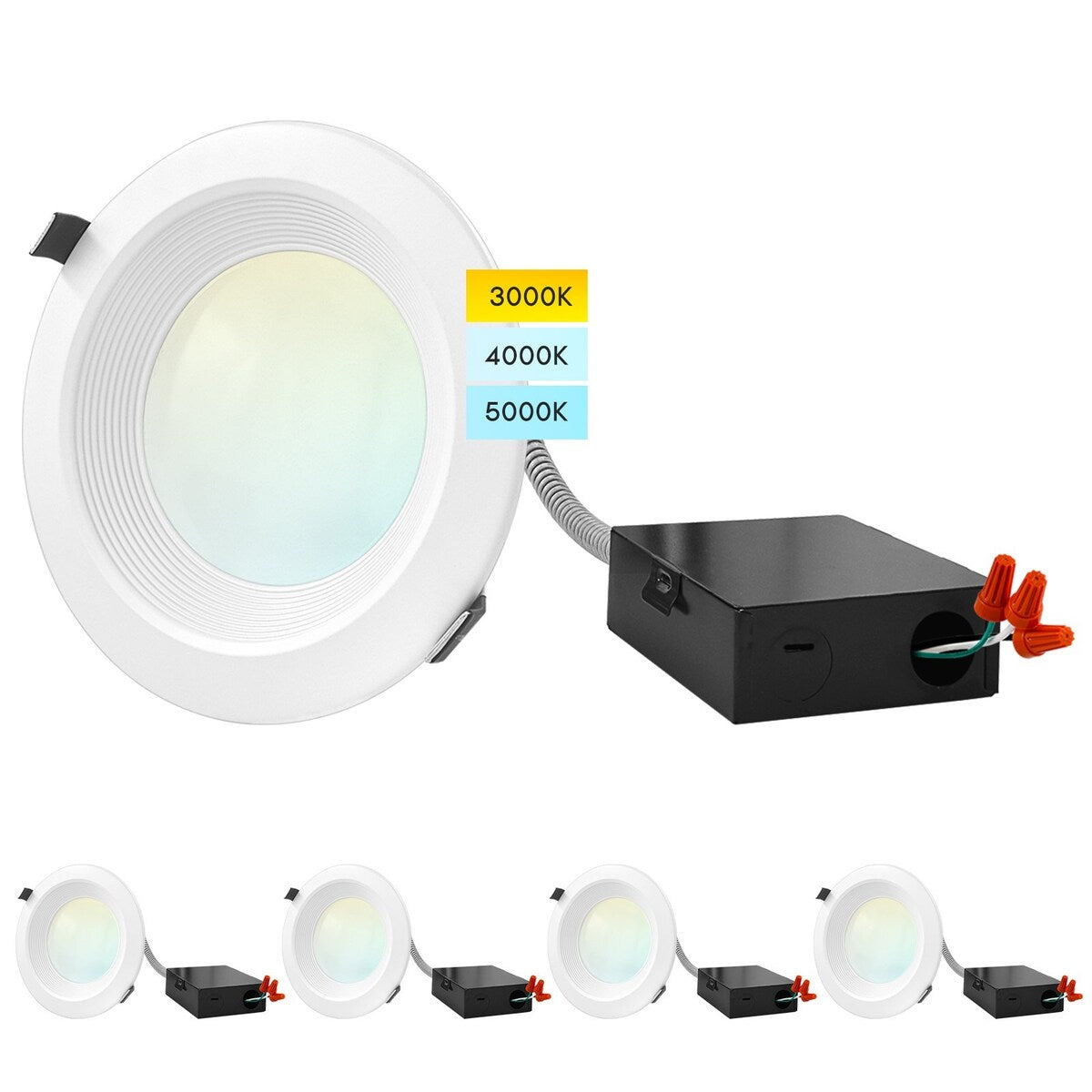 Luxrite 6" Commercial LED Recessed Light, J-Box, 3 Color Selectable, 1140/1520/1900 Lumens, Dimmable, Wet Rated 4 Pack