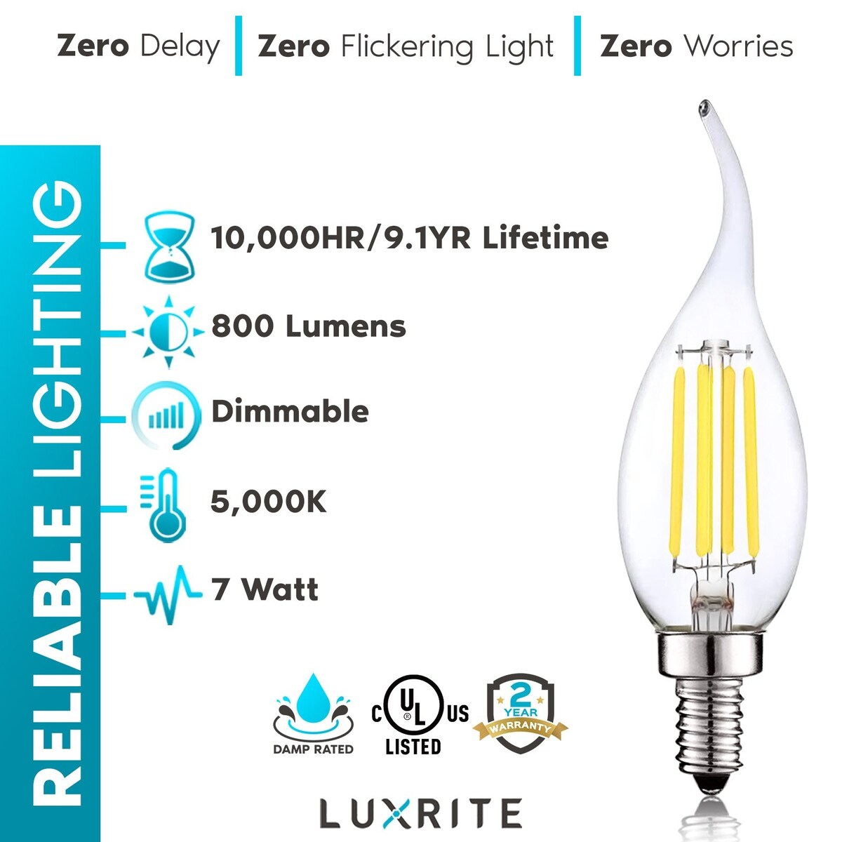 Luxrite Candelabra LED Light Bulbs 100W Equivalent 800 Lumens 7W CA11 Dimmable Damp Rated UL Listed E12 6 Pack
