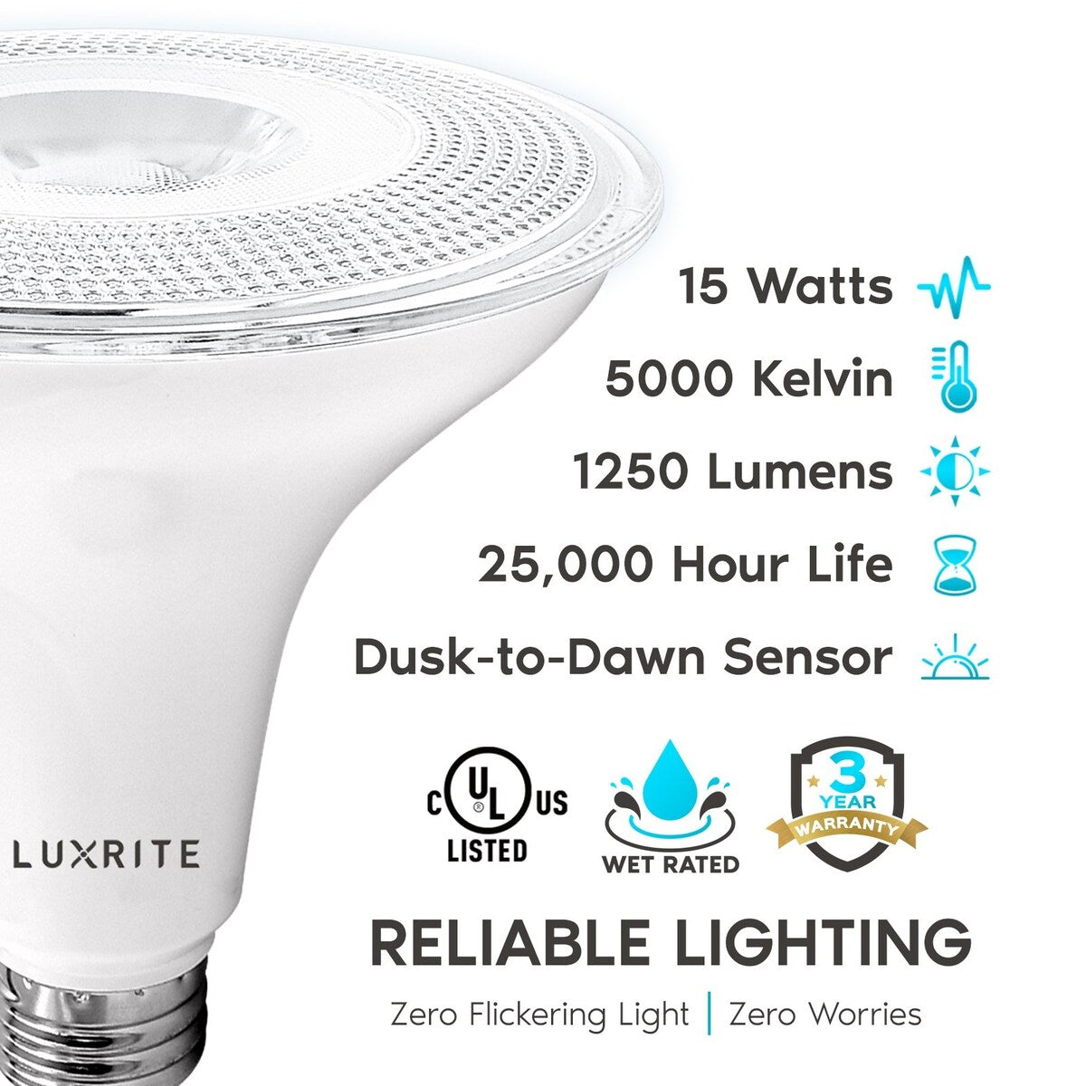 Luxrite Dusk to Dawn PAR38 LED Bulb 90W Equivalent 1250 Lumens Wet Rated UL Listed E26 Base 2 Pack