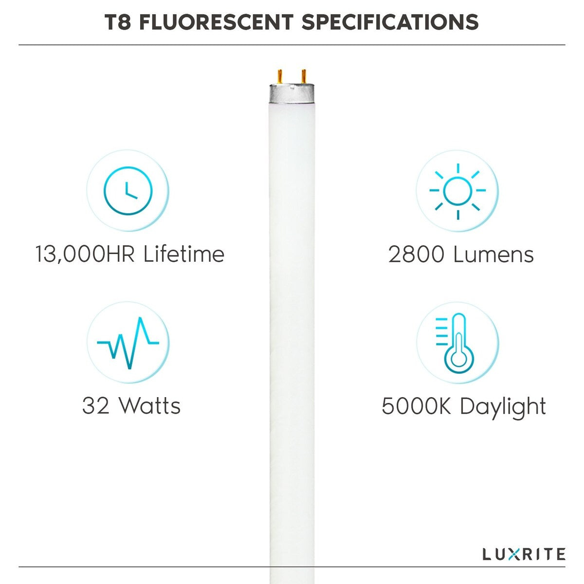 Luxrite F32T8/850 32W 48 Inch T8 Fluorescent Tube Light Bulb, 5000K Bright White, 2800 Lumens, G13 Bi-Pin Base 6-Pack