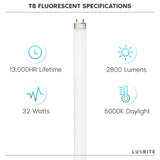 Luxrite F32T8/850 32W 48 Inch T8 Fluorescent Tube Light Bulb, 5000K Bright White, 2800 Lumens, G13 Bi-Pin Base 6-Pack