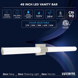 Luxrite LED Bathroom Vanity Light Fixtures 48 Inch Brushed Nickel 5 CCT 2700K-5000K 38W 3000 Lumens CRI 90 Dimmable