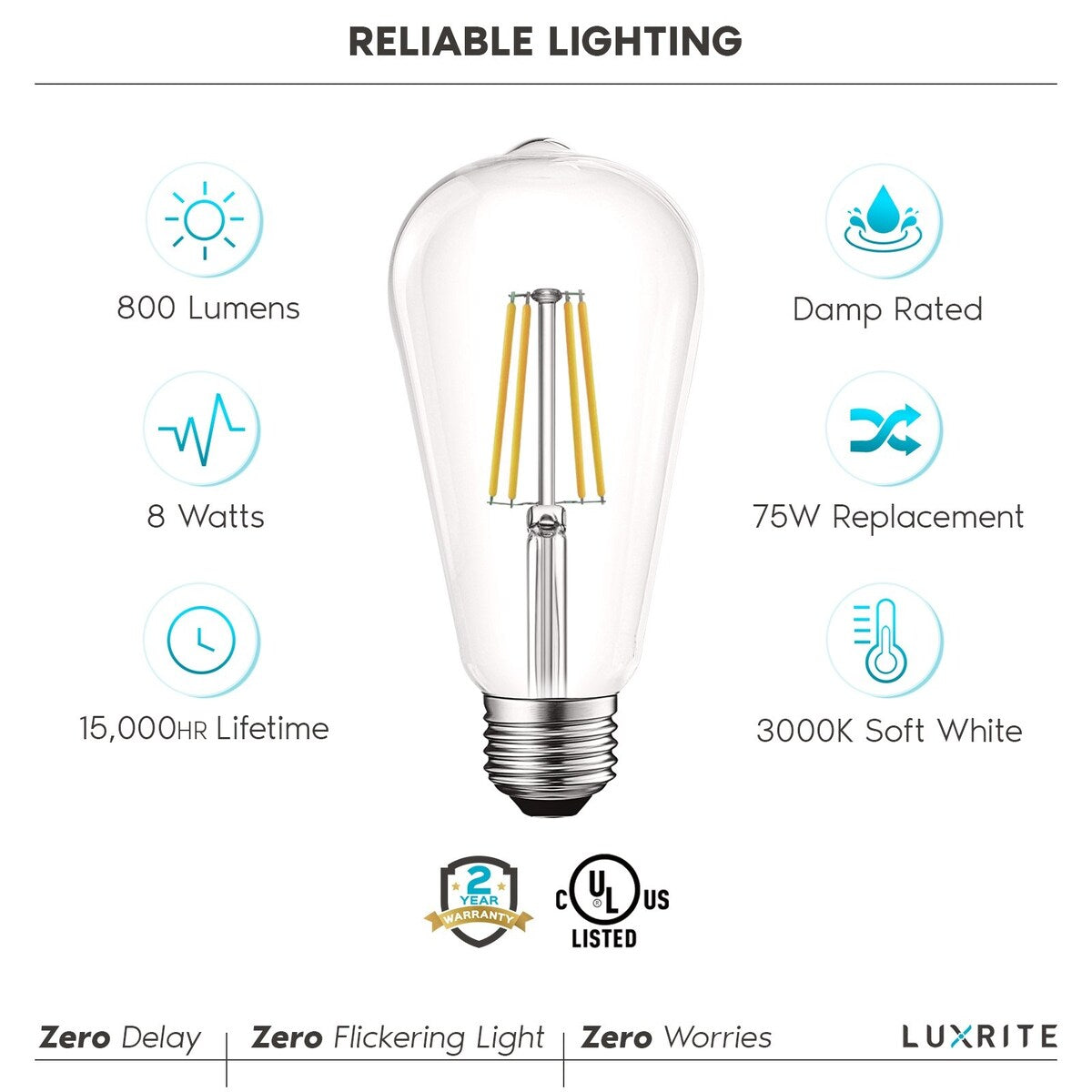 Luxrite LED Edison Bulbs 75W Equivalent ST19 ST58 3000K Soft White 800 Lumens Dimmable 8W Damp Rated UL E26 4 Pack