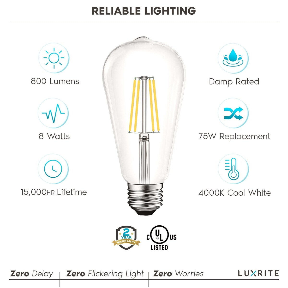 Luxrite LED Edison Bulbs 75W Equivalent ST19 ST58 4000K Cool White 800 Lumens Dimmable 8W Damp Rated UL E26 4 Pack