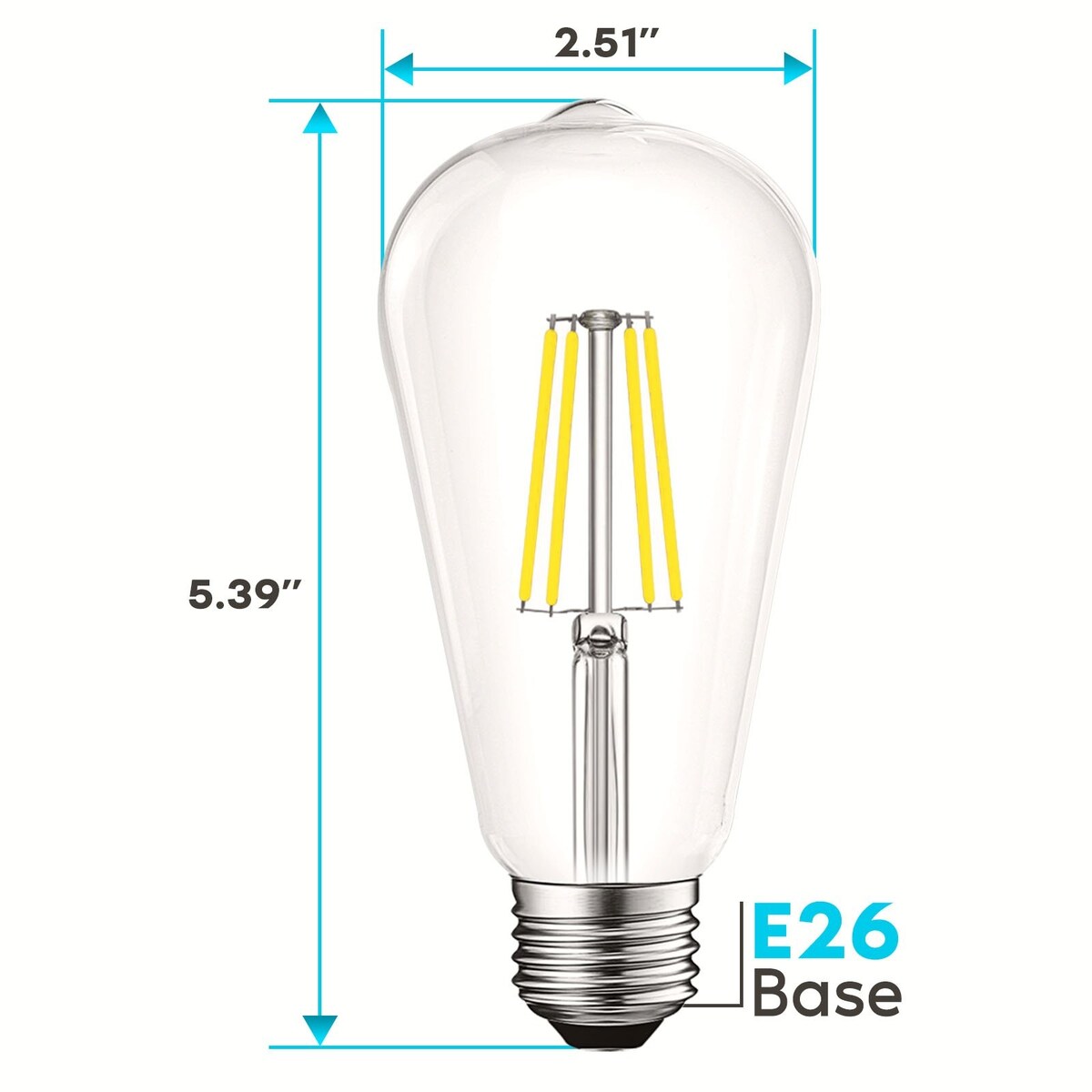 Luxrite LED Edison Bulbs 75W Equivalent ST19 ST58 5000K Bright White 800 Lumens Dimmable 8W Damp Rated UL E26 4 Pack