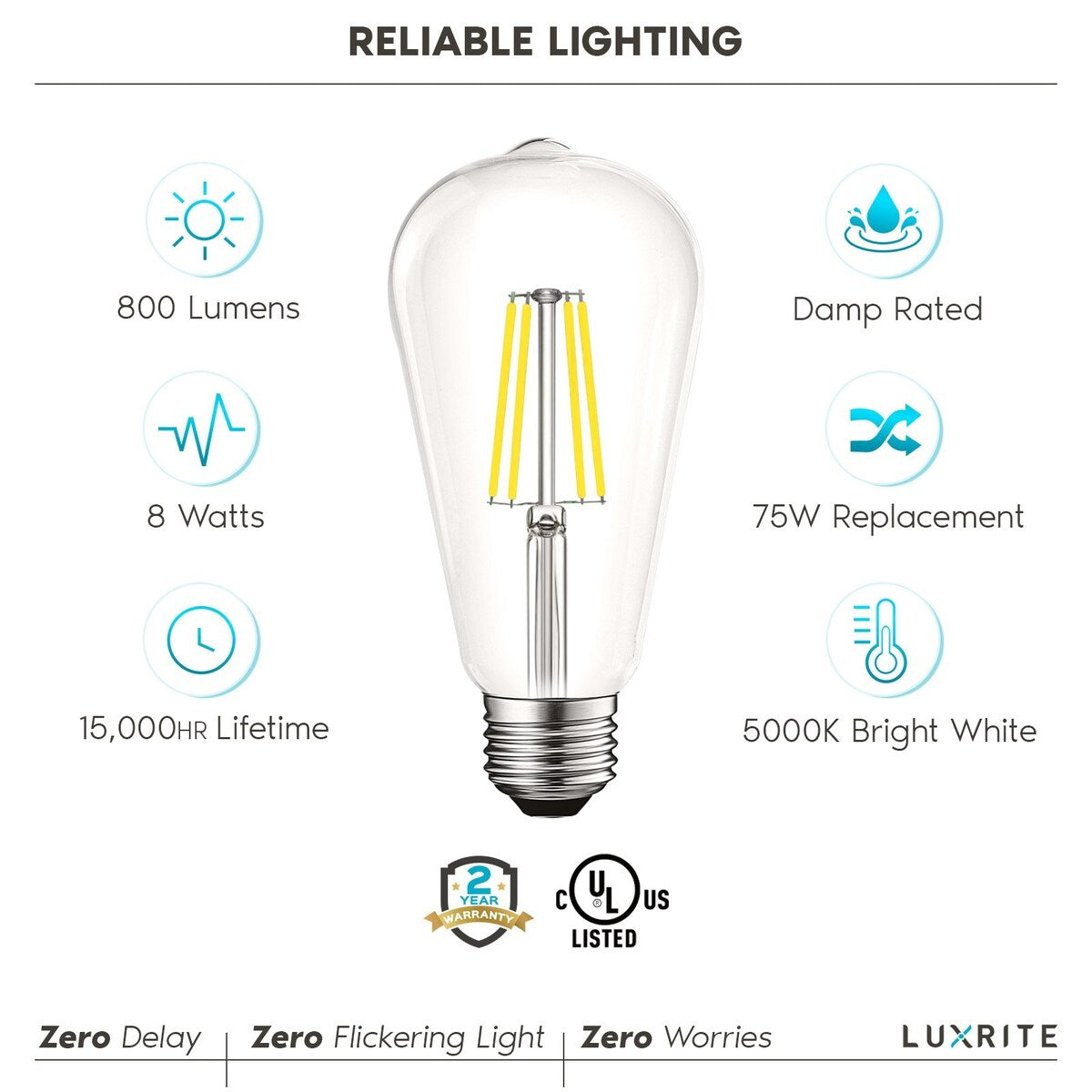 Luxrite LED Edison Bulbs 75W Equivalent ST19 ST58 5000K Bright White 800 Lumens Dimmable 8W Damp Rated UL E26 4 Pack