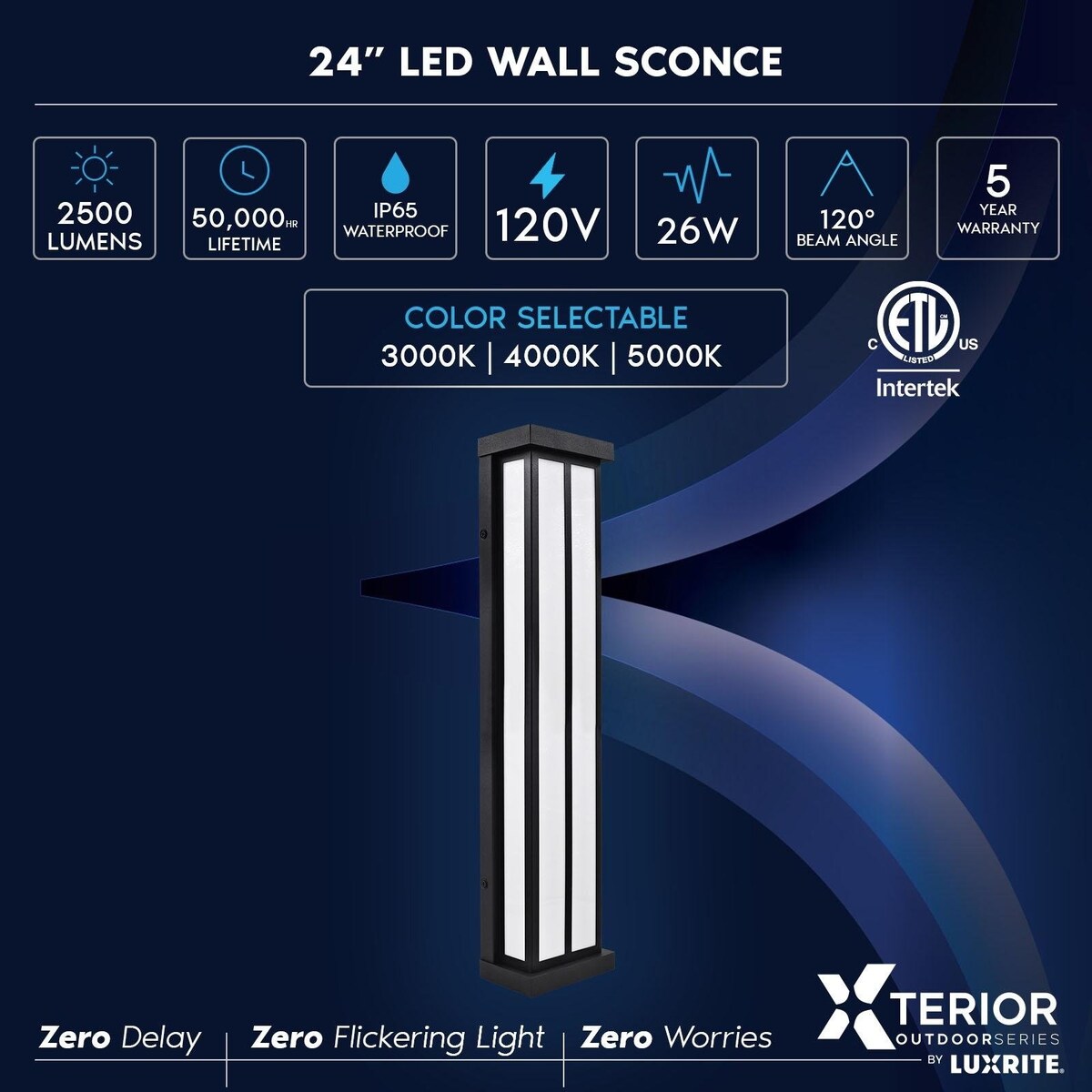 Luxrite LED Outdoor Wall Sconce, 24in Outdoor Wall Light, Black Aluminum, 3CCT 3000K 4000K 5000K, 26W, ETL, IP65 2-Pack