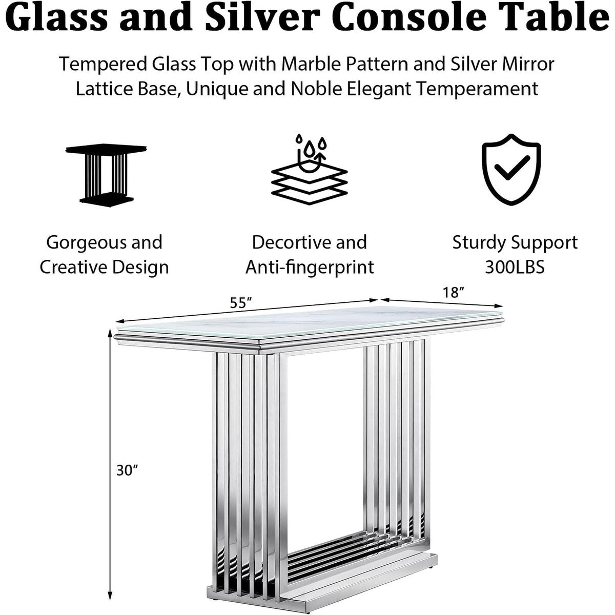 Glam 60 inch Rectangular Glass Console Table with Brushed Gold Stainless Steel Base