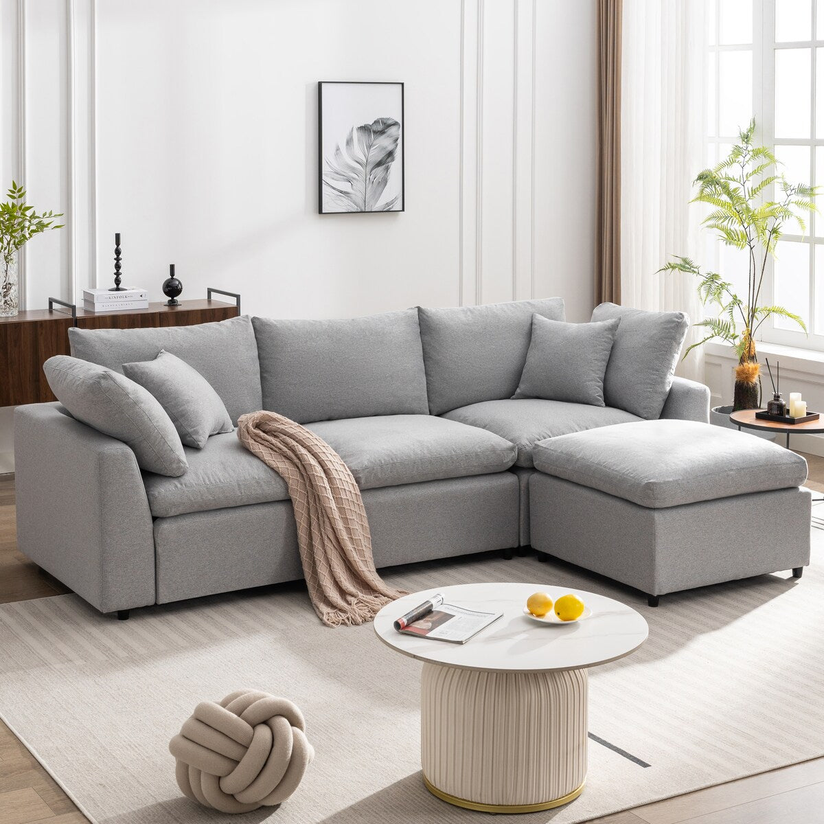 Luxurious Down-Filled L-Shaped Sectional Sofa with Reversible Chaise, Light Gray
