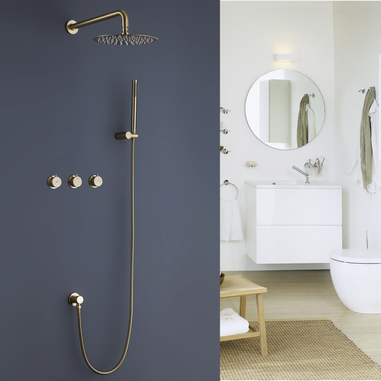 Luxury 3-Handle Complete Rainfall Shower System with Rough-in Valve in Black/Gold