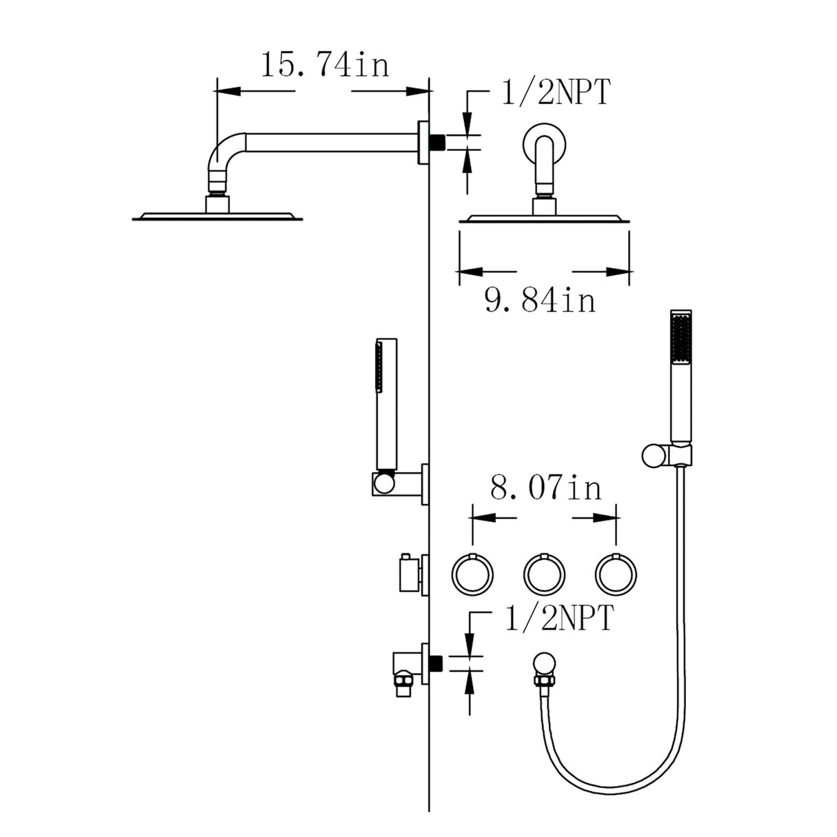 Luxury 3-Handle Complete Rainfall Shower System with Rough-in Valve in Black/Gold