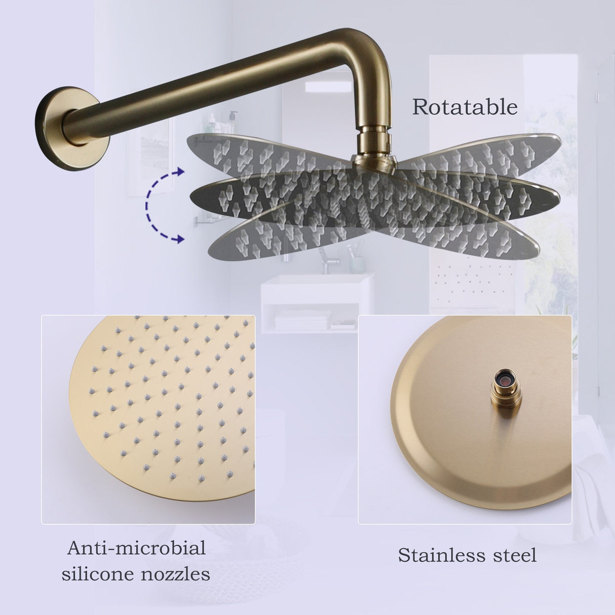 Luxury 3-Handle Complete Rainfall Shower System with Rough-in Valve in Black/Gold
