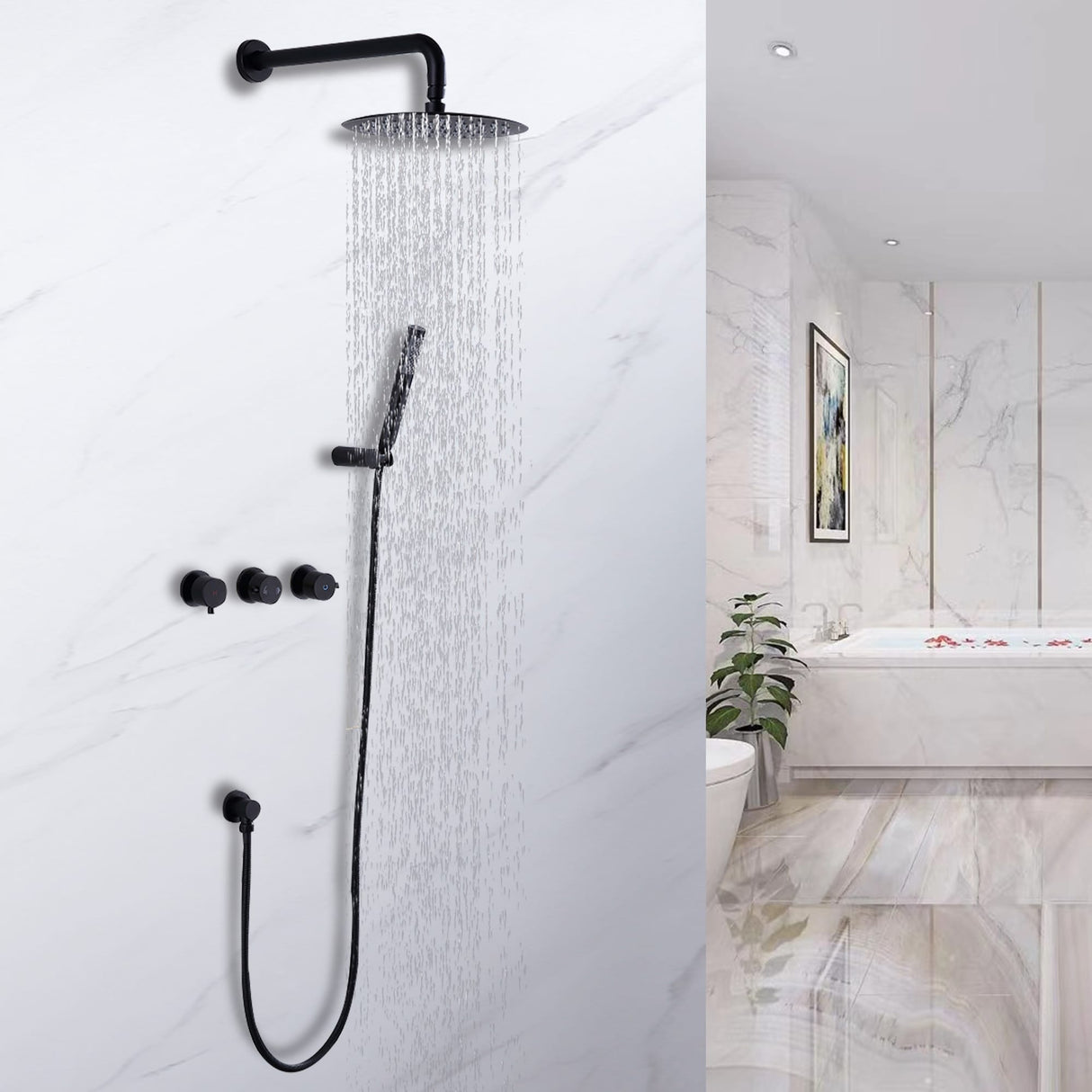 Luxury 3-Handle Complete Rainfall Shower System with Rough-in Valve in Black/Gold