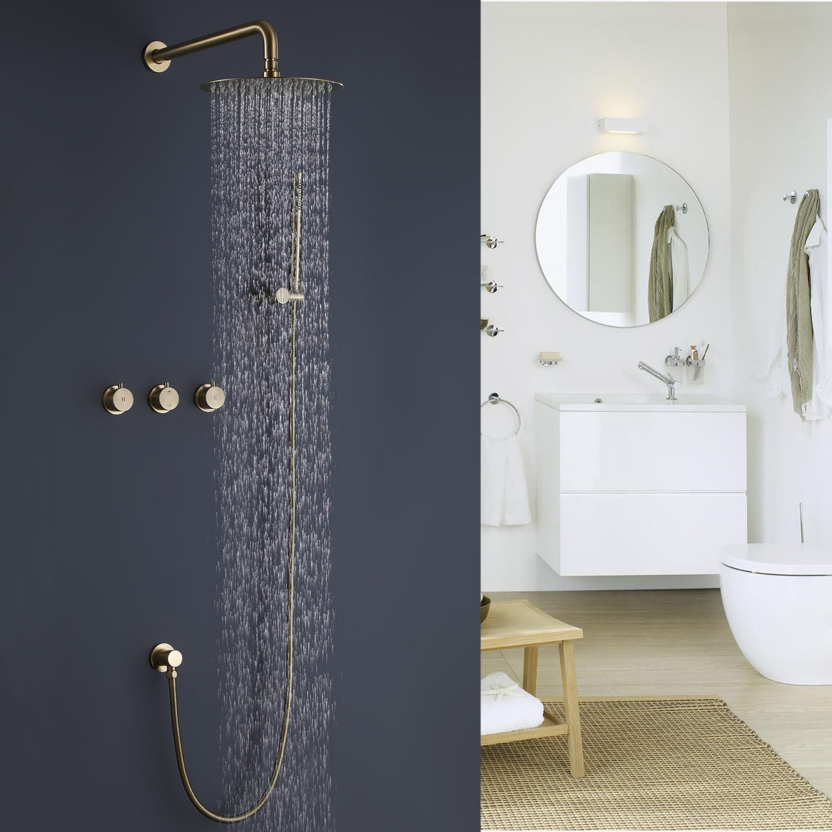 Luxury 3-Handle Complete Rainfall Shower System with Rough-in Valve in Black/Gold