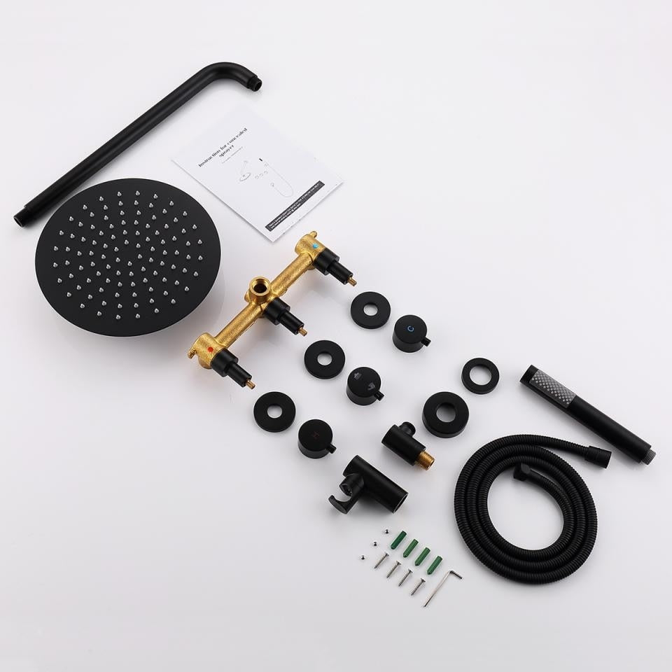 Luxury 3-Handle Complete Rainfall Shower System with Rough-in Valve in Black/Gold