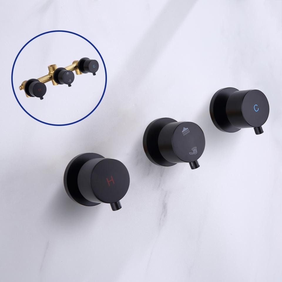 Luxury 3-Handle Complete Rainfall Shower System with Rough-in Valve in Black/Gold
