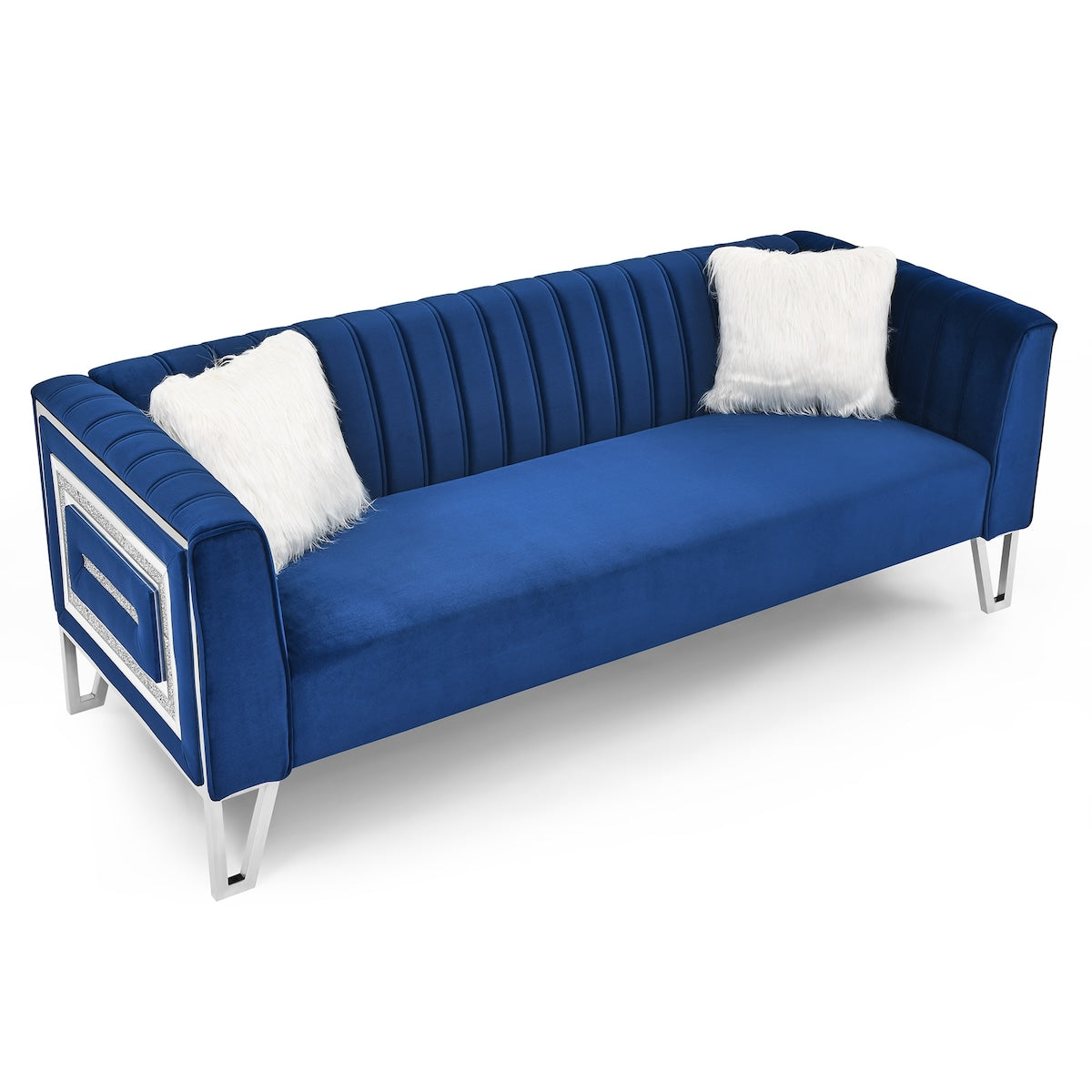 Luxury 3-seater Sofa Velvet Padded Couches with Mirrored Side Trim and Faux Diamonds, White Villose Pillow