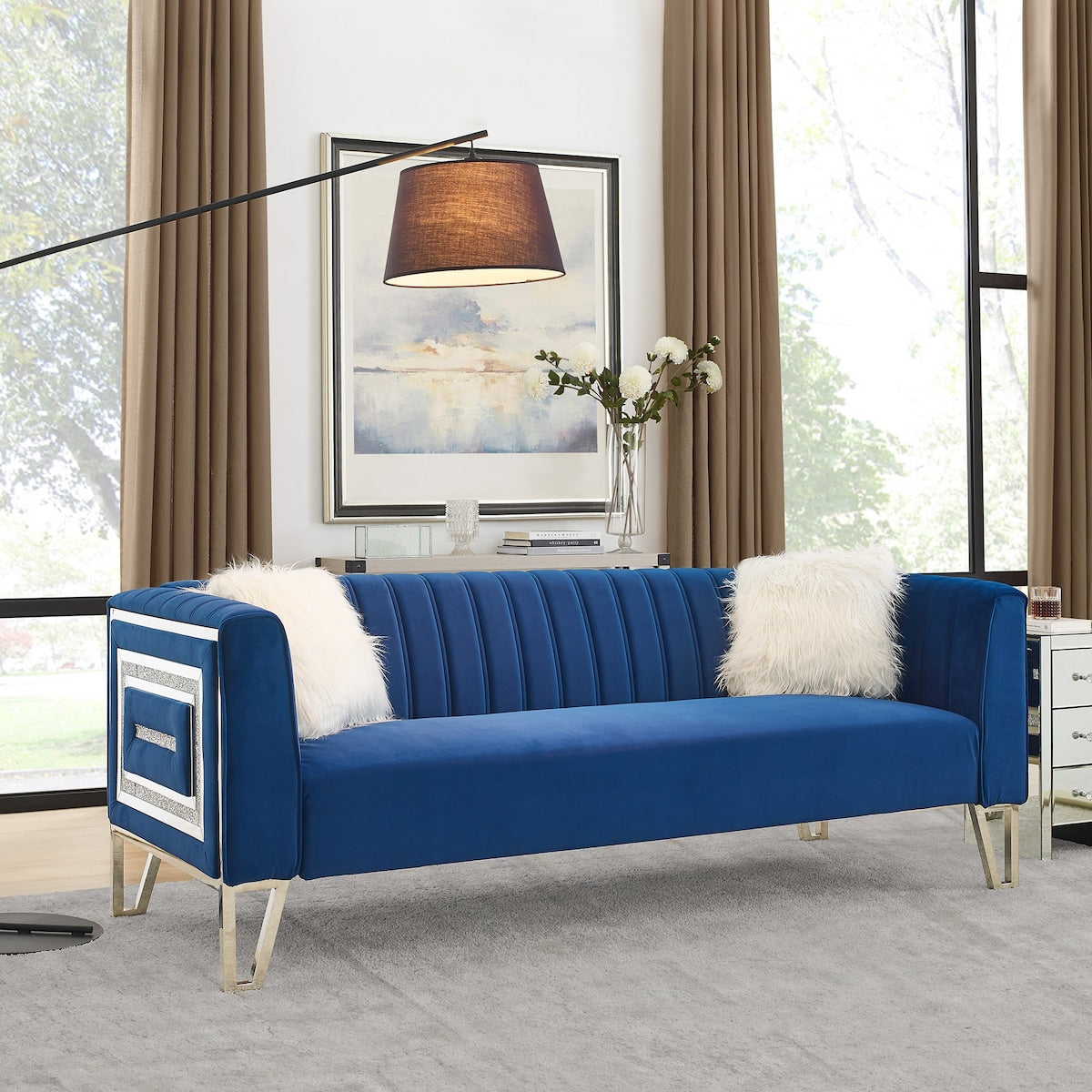 Luxury 3-seater Sofa Velvet Padded Couches with Mirrored Side Trim and Faux Diamonds, White Villose Pillow