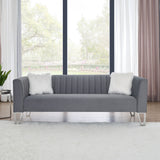 Luxury 3-seater Sofa Velvet Padded Couches with Mirrored Side Trim and Faux Diamonds, White Villose Pillow