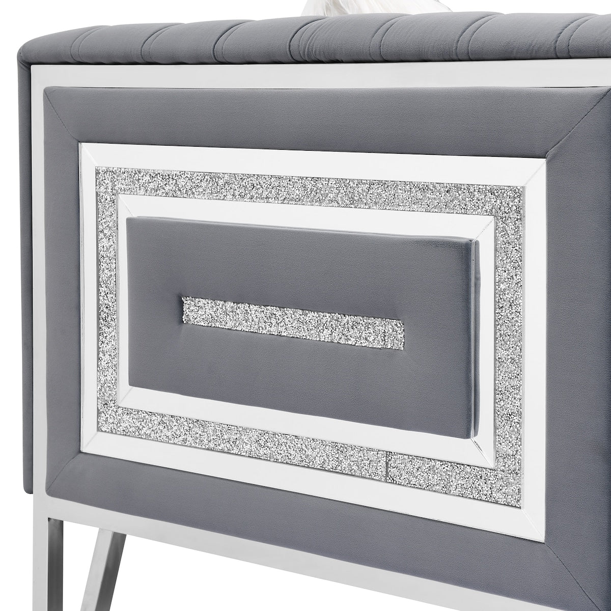 Luxury 3-seater Sofa Velvet Padded Couches with Mirrored Side Trim and Faux Diamonds, White Villose Pillow