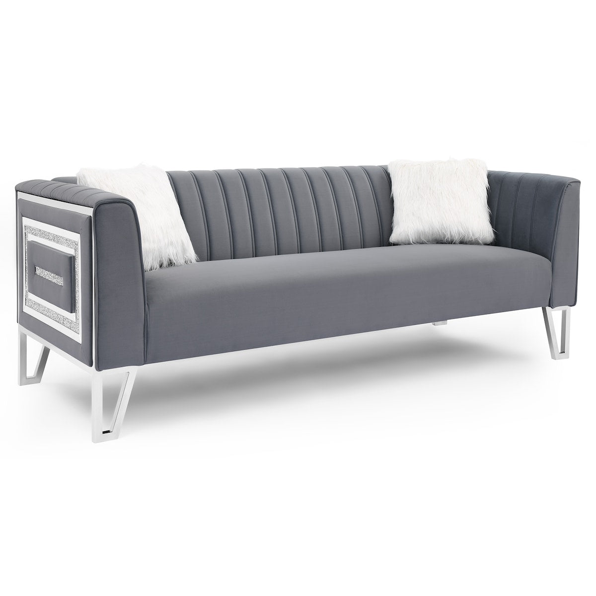 Luxury 3-seater Sofa Velvet Padded Couches with Mirrored Side Trim and Faux Diamonds, White Villose Pillow