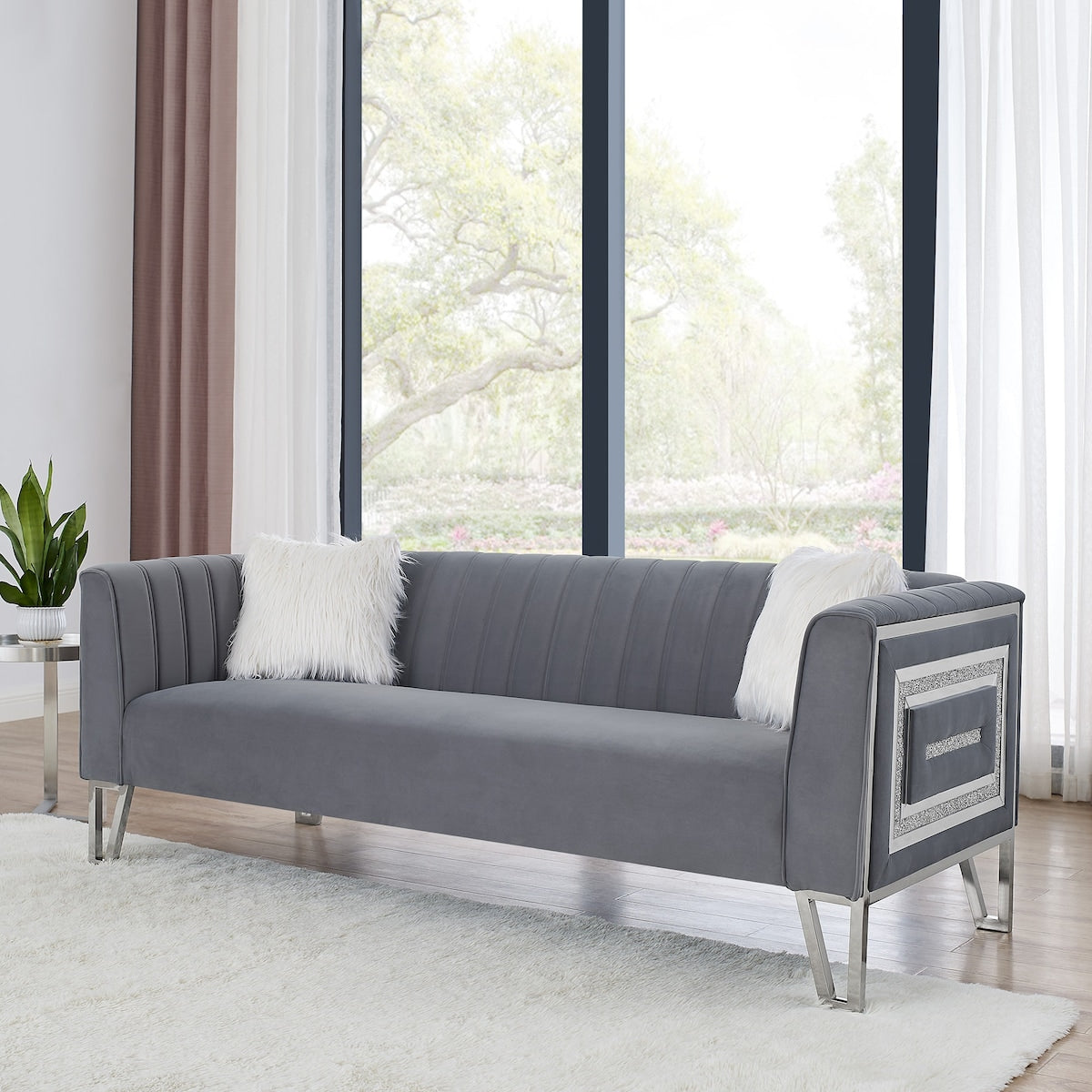 Luxury 3-seater Sofa Velvet Padded Couches with Mirrored Side Trim and Faux Diamonds, White Villose Pillow