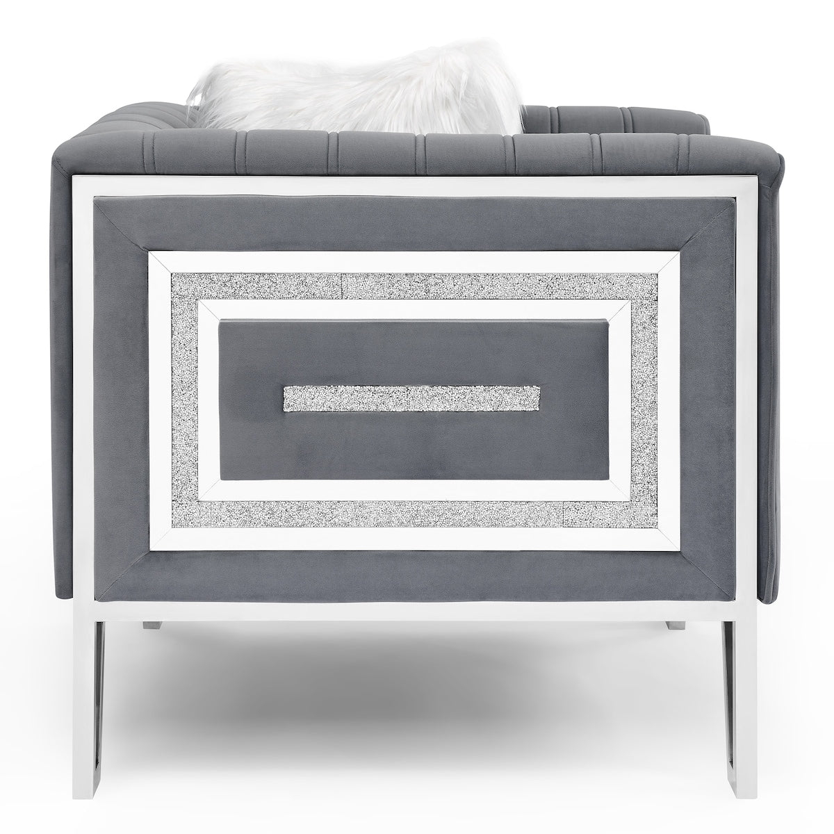 Luxury 3-seater Sofa Velvet Padded Couches with Mirrored Side Trim and Faux Diamonds, White Villose Pillow