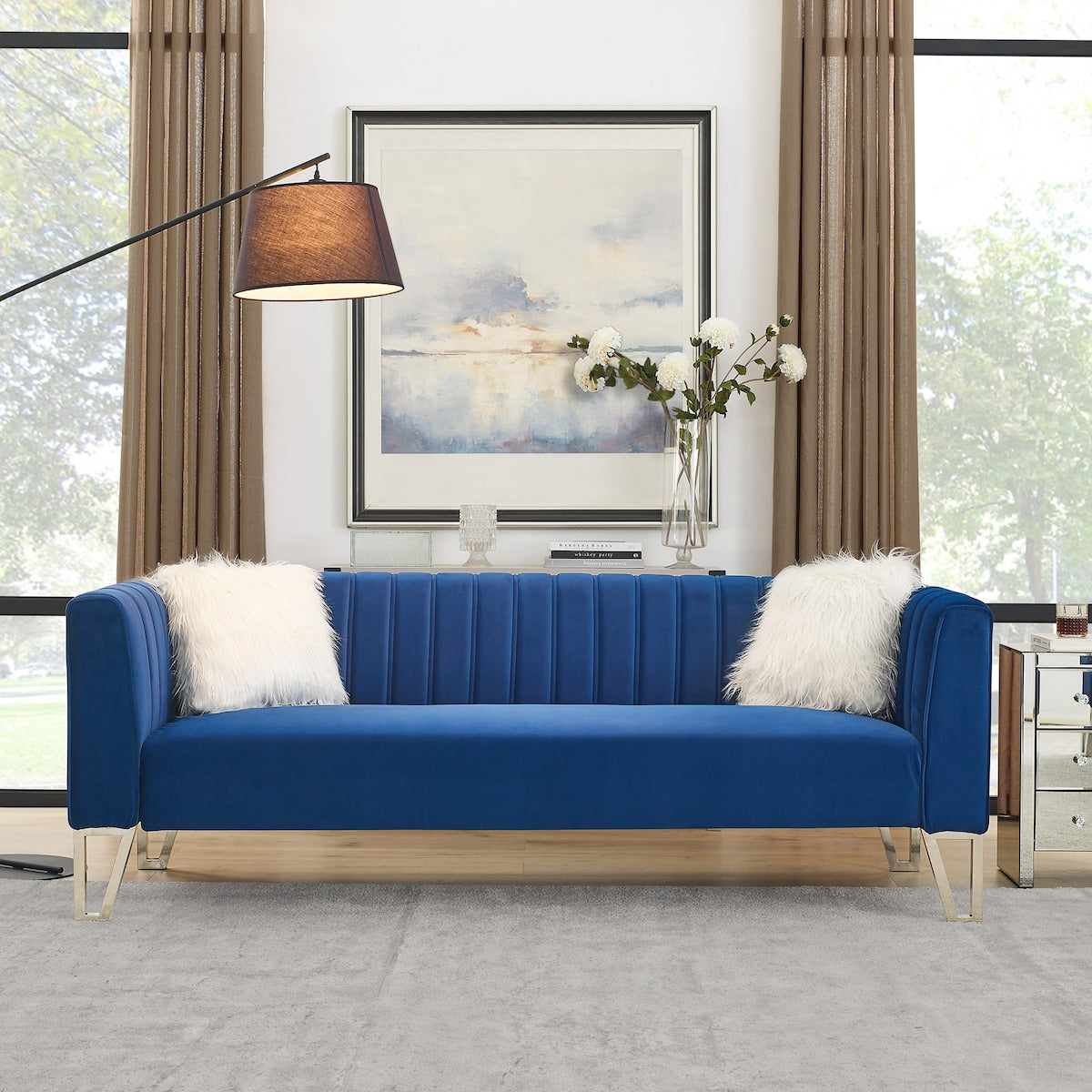 Luxury 3-seater Sofa Velvet Padded Couches with Mirrored Side Trim and Faux Diamonds, White Villose Pillow