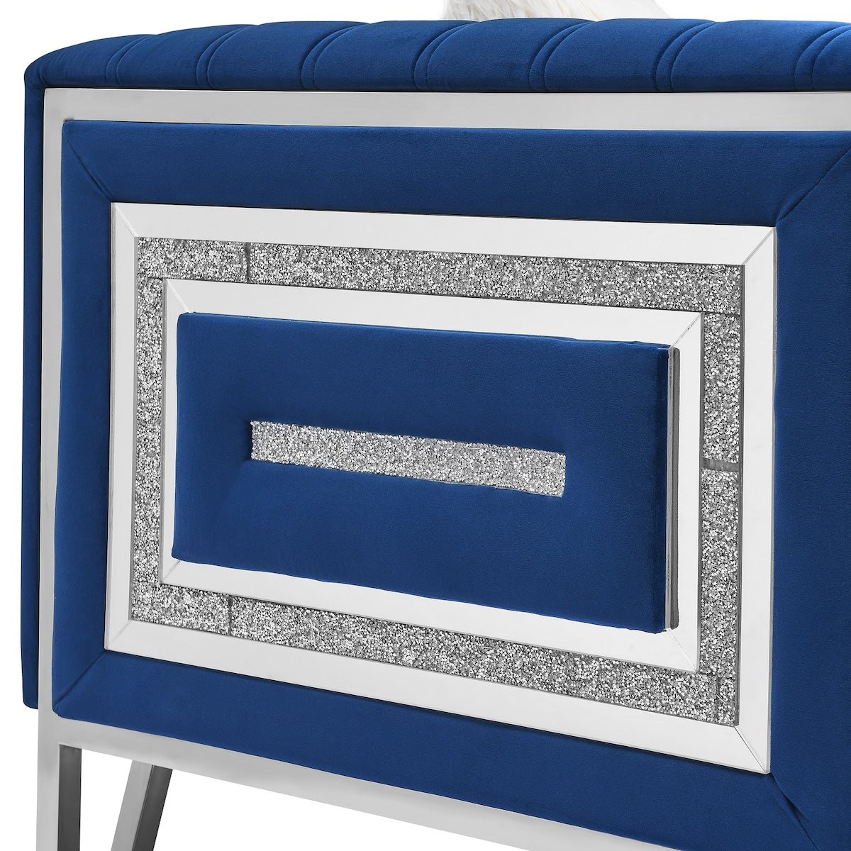 Luxury 3-seater Sofa Velvet Padded Couches with Mirrored Side Trim and Faux Diamonds, White Villose Pillow