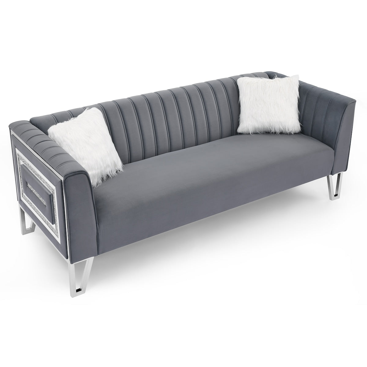 Luxury 3-seater Sofa Velvet Padded Couches with Mirrored Side Trim and Faux Diamonds, White Villose Pillow