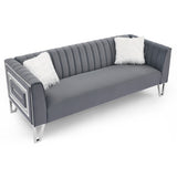 Luxury 3-seater Sofa Velvet Padded Couches with Mirrored Side Trim and Faux Diamonds, White Villose Pillow