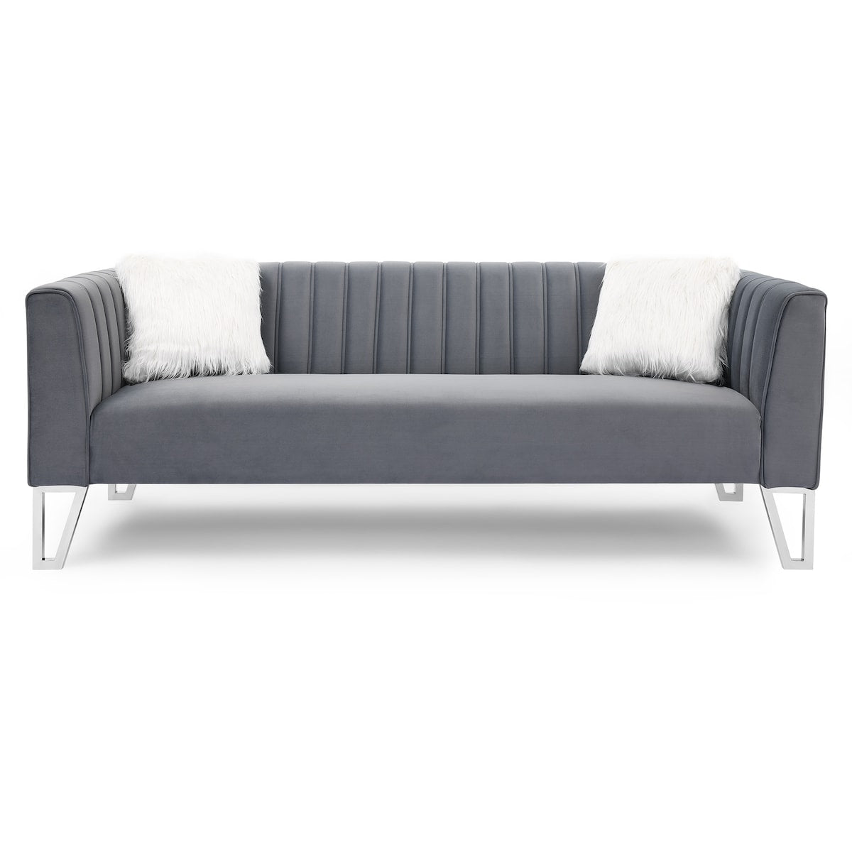 Luxury 3-seater Sofa Velvet Padded Couches with Mirrored Side Trim and Faux Diamonds, White Villose Pillow