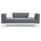 Luxury 3-seater Sofa Velvet Padded Couches with Mirrored Side Trim and Faux Diamonds, White Villose Pillow