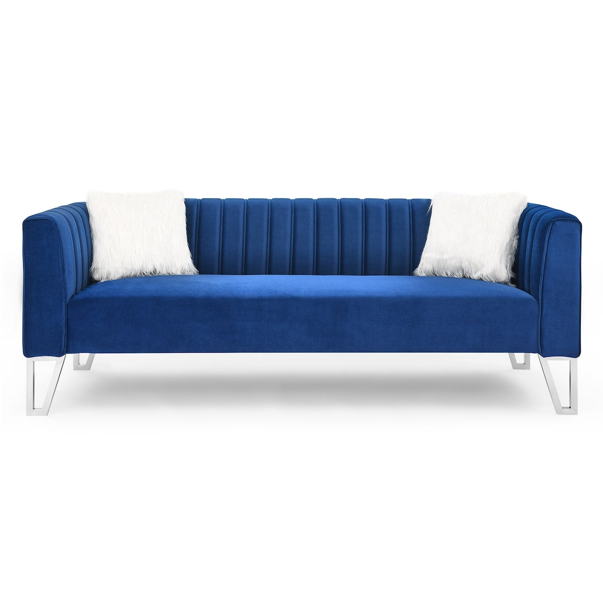 Luxury 3-seater Sofa Velvet Padded Couches with Mirrored Side Trim and Faux Diamonds, White Villose Pillow