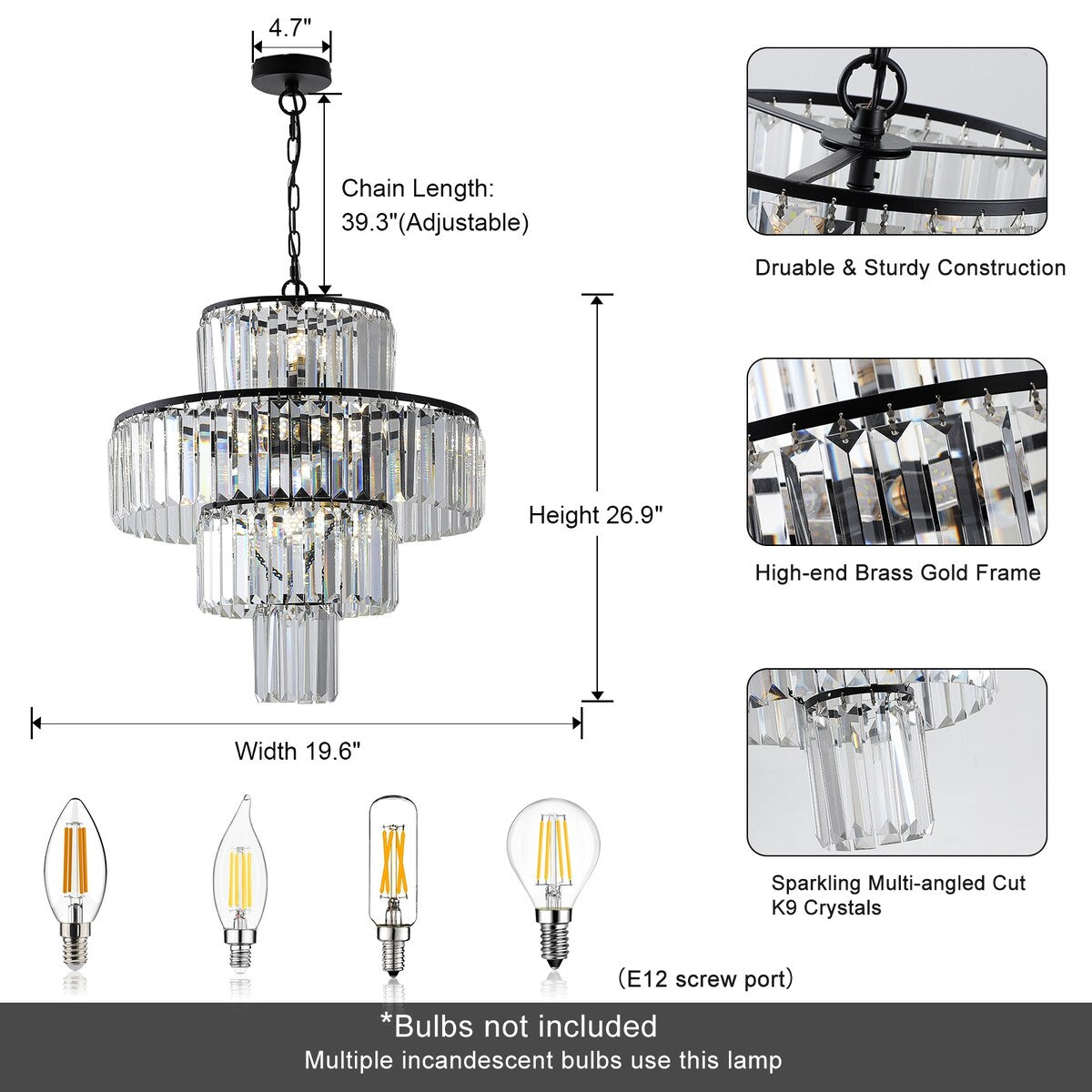 Luxury Crystal Chandelier Modern Chandeliers Lights Fixture Hanging Pendant Light Fixture Dia 19.7 Inch-Black - Black