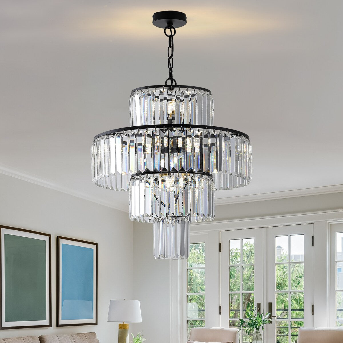 Luxury Crystal Chandelier Modern Chandeliers Lights Fixture Hanging Pendant Light Fixture Dia 19.7 Inch-Black - Black